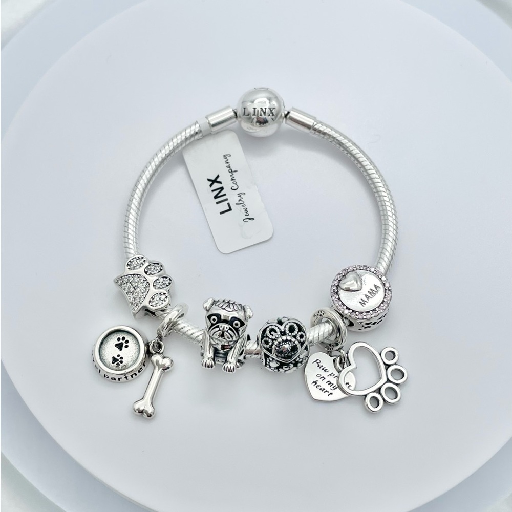 Linx Snake Chain Bracelet with Pug Themed Charms 925 sterling silver